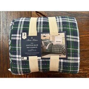 Brooks Brothers Cotton Slub Quilt Set – King Size – 3-Piece Navy/Green Plaid NEW